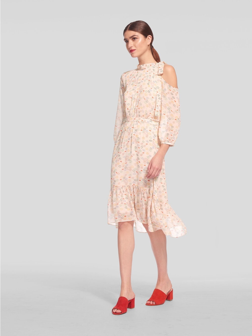 Whistles Peach Kiss Print Cold-Shoulder Floral Midi Dress